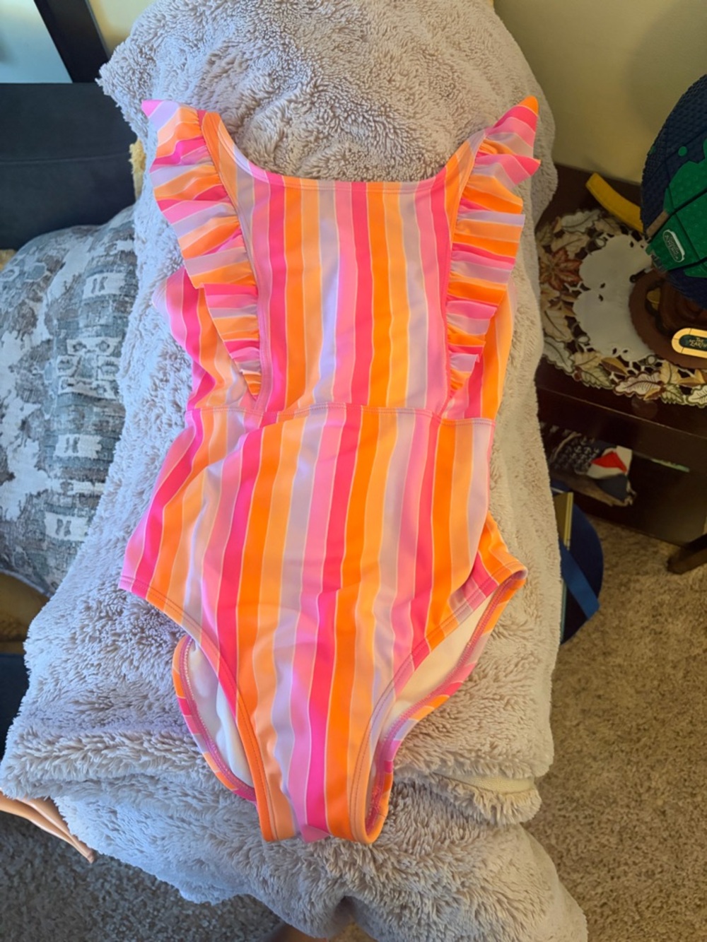 Cat & Jack Striped Ruffle One-Piece Swimsuit - ** small stain ** size L